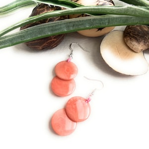 Tagua Earrings in Pink TAG226, Handmade Tagua Nut Jewelry, Pink Dangle Earrings