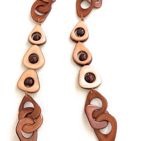 Collar de tagua en marrón, beige TAG767, collar largo con largo ajustable, joyería de nuez de tagua