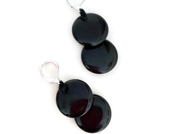 Tagua Earrings in Black TAG227, Handmade Tagua Nut Jewelry, Black Dangle Earrings Lever Back