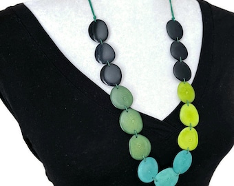 Green Tagua necklace TAG733, Long Tagua Nut Slice Necklace, Organic Vegetable Ivory Necklace, Eco Friendly Necklace