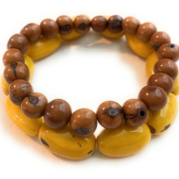 Acai / Tagua Bracelets in Yellow and Brown TAG428, 2 Piece Stackable Eco Friendly Bracelet, Handmade Organic Bracelet