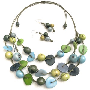 Tagua Necklace and Earrings in Blue, Green, Lime TAG705, Vegetable Ivory Necklace, Green Tagua Nut Jewelry, Eco Friendly Jewelry
