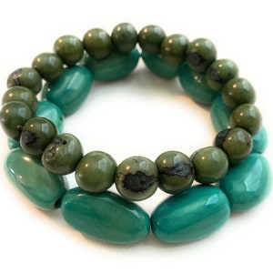 Acai / Tagua Bracelets in Green TAG428, Aqua and Olive Green 2 Piece Stackable Eco Friendly Bracelet, Handmade Organic Bracelet