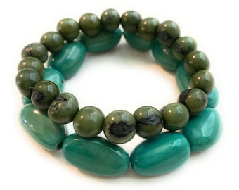 Acai / Tagua Bracelets in Green TAG428, Aqua and Olive Green 2 Piece Stackable Eco Friendly Bracelet, Handmade Organic Bracelet