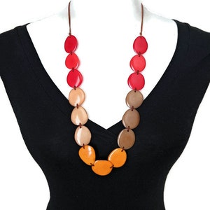 Tagua necklace in red, orange, beige, brown TAG733, Long Tagua Nut Slice Necklace, Organic Vegetable Ivory Necklace, Eco Friendly Necklace