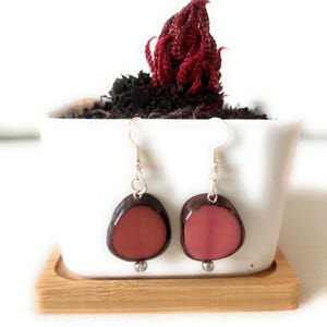 Pink Tagua Nut Earrings TAG234, Sterling Silver Hooks Organic Earrings in Pink, Handmade Tagua Jewelry