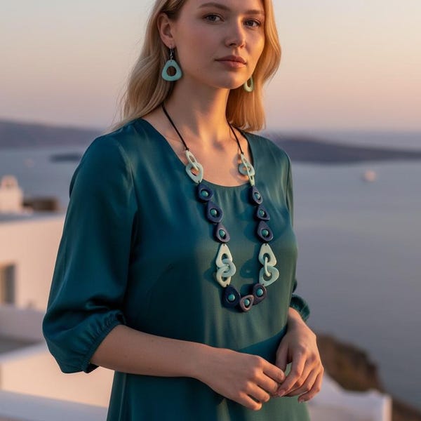 Collar de tagua en azul TAG767, collar largo con largo ajustable, joyería de nuez de tagua