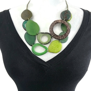 Tagua necklace in green TAG743, adjustable bib necklace, tagua nut jewelry