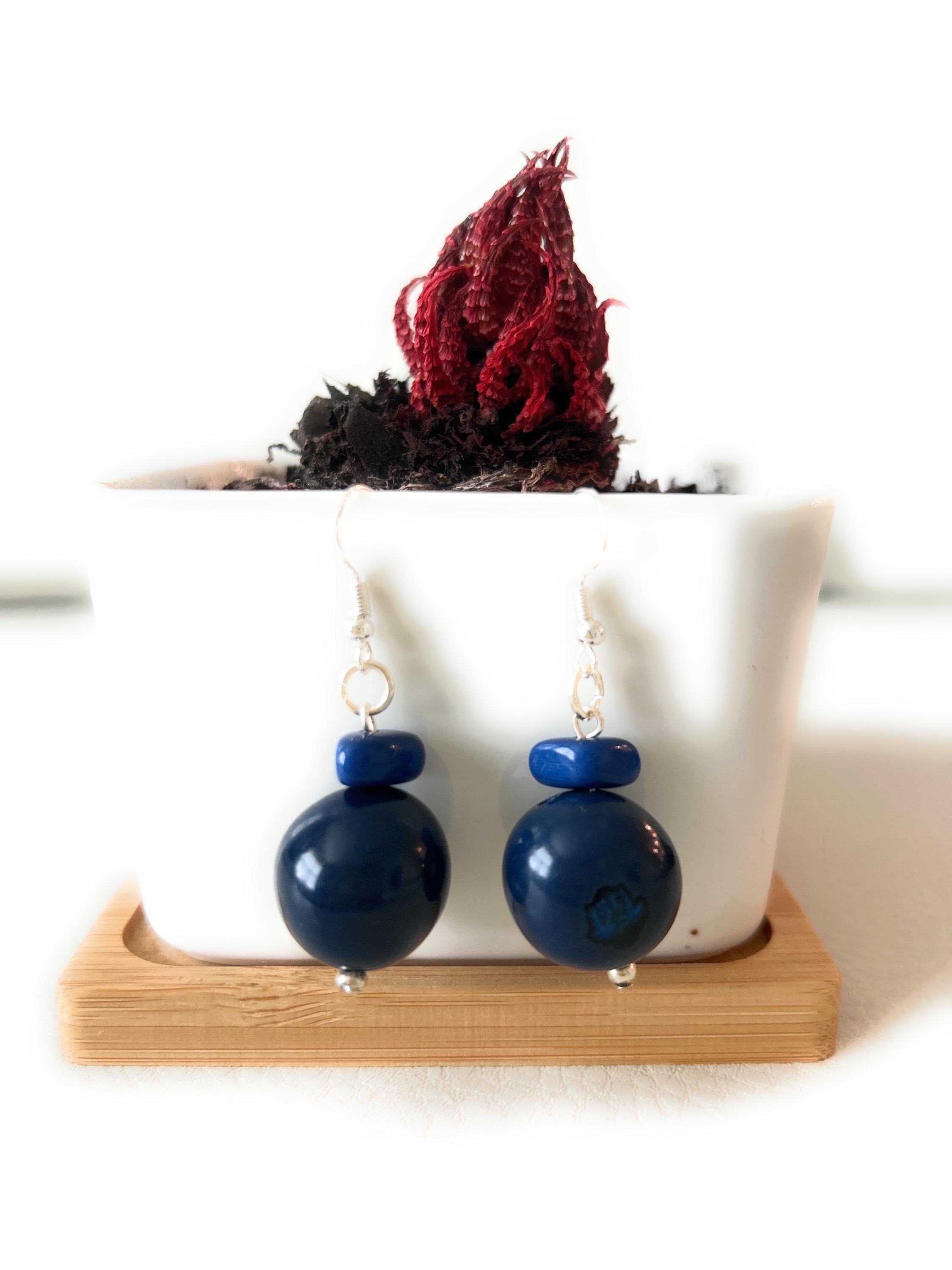 Boucles D'oreilles En Noix De Tagua Bleue - Fait Main - Équateur - Marque Artesania Karissma