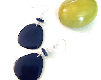 Blue tagua nut earrings TAG222, navy blue Organic Vegetable Ivory Earrings, Handmade Tagua Jewelry, Sterling Silver Fish Hook