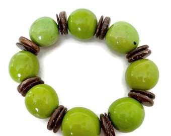 Tagua Bracelets in Lime Green and Brown TAG421,  Eco Friendly Bracelet, Handmade Organic Bracelet, Tagua Nut Jewelry, Stretch Bracelet