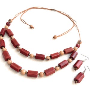 Tagua bib necklace and earrings in burgundy, beige TAG774, handmade tagua nut jewelry
