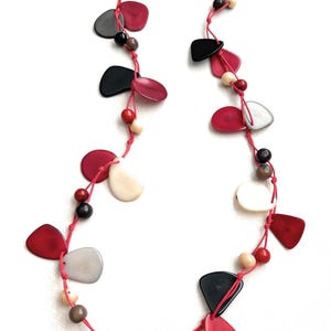 Long Tagua Necklace in red, black, gray, white Tag695, Organic Necklace, Tagua Nut Jewelry in multi color