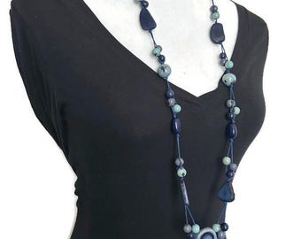 Long Tagua Nut Necklace in BlUE Tag541, Organic Vegetable Ivory Necklace, Tagua Nut Jewelry