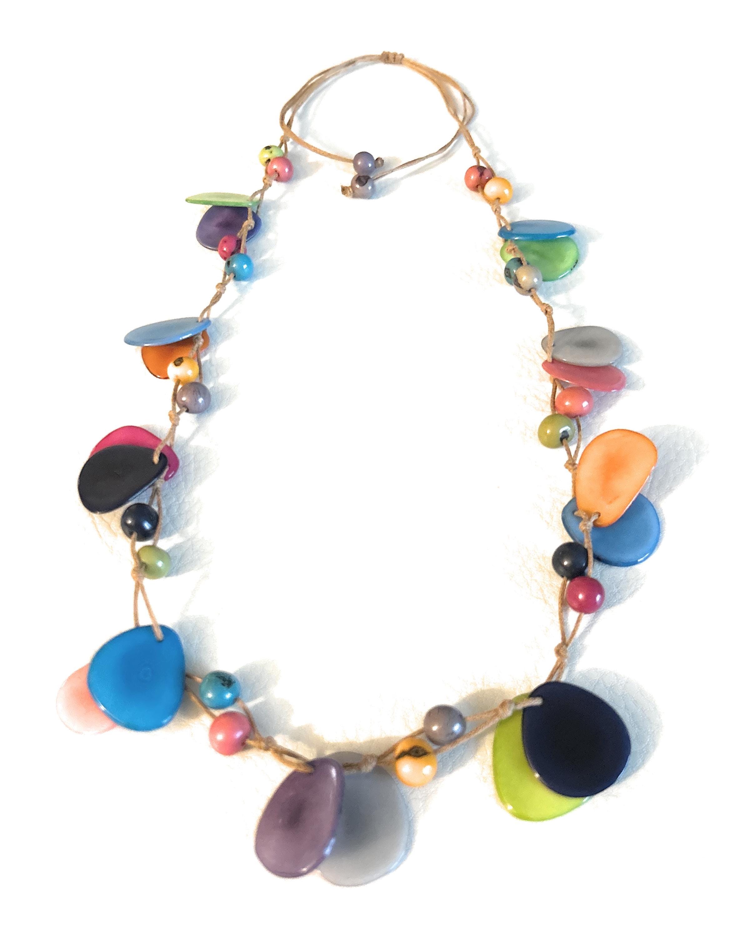 Tagua Necklace in Multi Color Tag695, Tagua Nut Jewelry, Necklace in Pink, violet, Blue, Yellow, Green