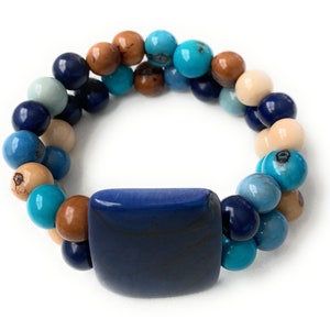 Blue Tagua Bracelet TAG434, Vegetable Ivory Bracelet, Tagua Nut Jewelry, Tagua Nut Stretch Bracelet in Blue, Beige, Brown, White