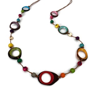 Tagua Necklace in Multi Color Tag549, Tagua Nut Jewelry, Necklace in Green, Orange, Pink and Blue