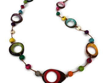 Tagua Necklace in Multi Color Tag549, Tagua Nut Jewelry, Necklace in Green, Orange, Pink and Blue