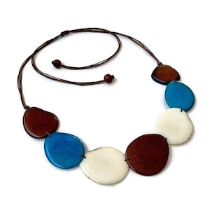 Tagua Necklace in White, Blue, Brown TAG631, Tagua Nut Slice Necklace, Organic Vegetable Ivory Necklace,  Eco Friendly Necklace