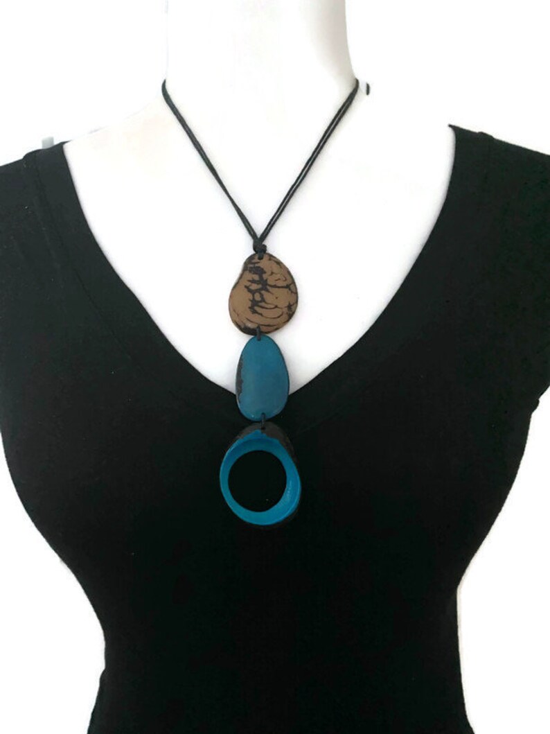 Tagua Necklace in Blue and Beige TAG644, Vegetable Ivory Necklace , Tagua Nut Jewelry, Eco Friendly Jewelry image 3