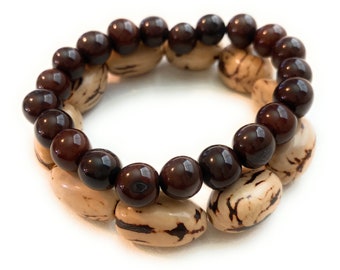 Acai / Tagua Bracelets in Beige and Brown TAG428, 2 Piece Stackable Eco Friendly Bracelet, Handmade Organic Bracelet