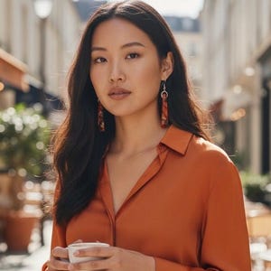 May include: A woman wearing long, rectangular earrings with a marbled pattern in shades of brown and orange. She is wearing an orange button-down shirt and holding a white cup. The background is a blurred street scene.