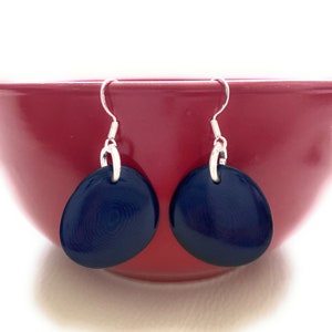 Tagua Earrings blue TAG272, Dark Navy Blue Organic Vegetable Ivory Earrings, Handmade Tagua Jewelry