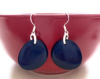 Tagua Earrings blue TAG272, Dark Navy Blue Organic Vegetable Ivory Earrings, Handmade Tagua Jewelry