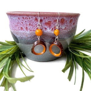 Orange Tagua Nut Earrings TAG220, Organic Vegetable Ivory Earrings, Handmade Tagua Earrings in Orange