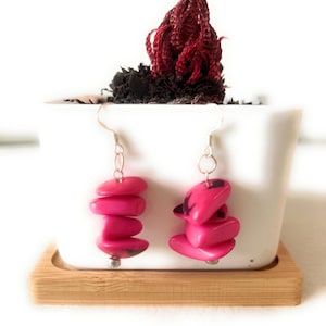 Tagua earrings in pink TAG244, bright pink dangle earrings, tagua jewelry