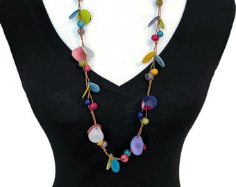 Collar de Tagua en Tag695 multicolor, joyería de nuez de Tagua, collar de marfil vegetal en rosa, violeta, azul, amarillo, verde