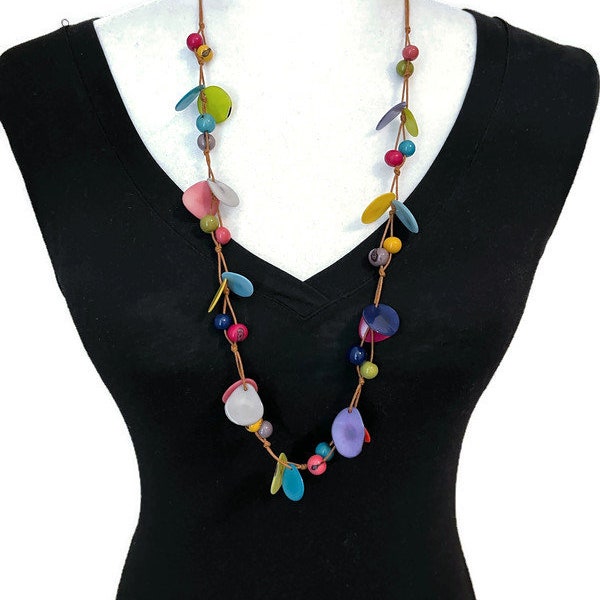 Tagua Necklace in Multi Color Tag695, Tagua Nut Jewelry, Vegetable Ivory Necklace in Pink, violet, Blue, Yellow, Green