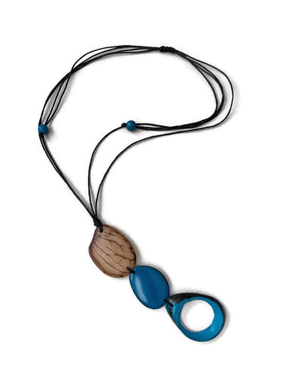 Tagua Necklace in Blue and Beige TAG644, Vegetable Ivory Necklace , Tagua Nut Jewelry, Eco Friendly Jewelry