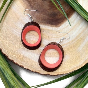 Large Tagua Earrings TAG257, Dangle Tagua Nut Earrings in Pink, Red, Yellow and Fuchsia Handmade Tagua Jewelry