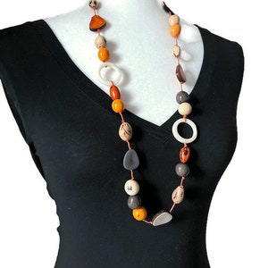 Long Tagua Necklace Set in Orange, Gray, White TAG701, Tagua Nut necklace and Earrings, Organic Necklace Set