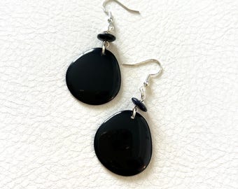 Black Tagua Nut Earrings TAG222, Black Organic Vegetable Ivory Earrings, Handmade Tagua Jewelry