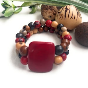 Tagua Bracelet in Red, Gray, Beige TAG434, Vegetable Ivory Bracelet, Tagua Nut Jewelry, Tagua Nut Stretch Bracelet