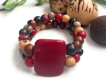Tagua Bracelet in Red, Gray, Beige TAG434, Vegetable Ivory Bracelet, Tagua Nut Jewelry, Tagua Nut Stretch Bracelet