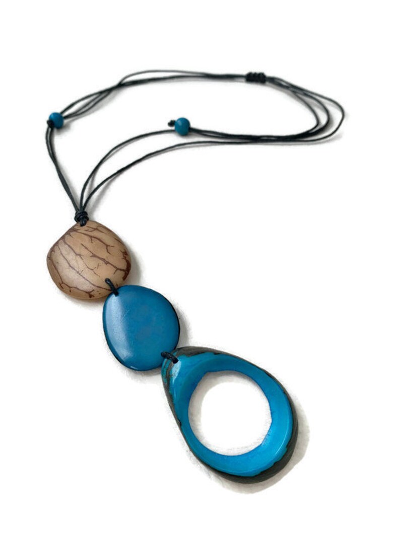 Tagua Necklace in Blue and Beige TAG644, Vegetable Ivory Necklace , Tagua Nut Jewelry, Eco Friendly Jewelry image 4