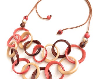Tagua necklace in pink, brown, beige TAG798, tagua nut jewelry 2 strands light weight bib necklace