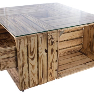 flamed table with drawer, including glass top and castors 81x81x44 cm Coffee table wood glass with plenty of storage space for controllers image 2