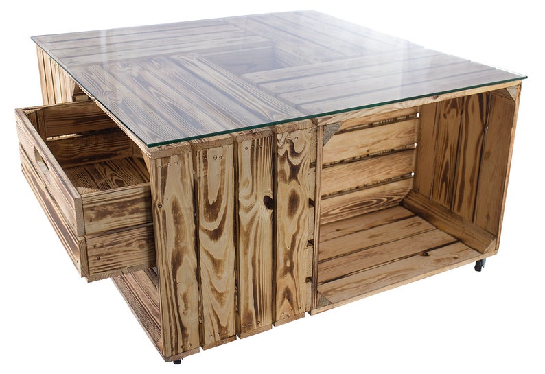 flamed table with drawer, including glass top and castors 81x81x44 cm Coffee table wood glass with plenty of storage space for controllers image 2