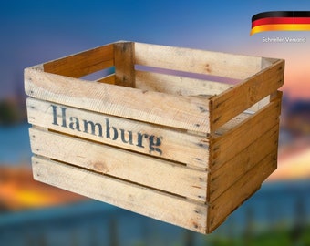 3x 4x 8x ALTE Holzkiste HAMBURG | Obstkiste mit Aufdruck HAMBURG |originelle Deko, als Regal nutzbar | 50x40x30 cm