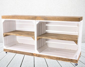 TV Bank wit, | op wielen bruine bovenplaat & planken, gemaakt van hout, 4 compartimenten | 100x30x50 cm | modern tv-meubel, dressoir