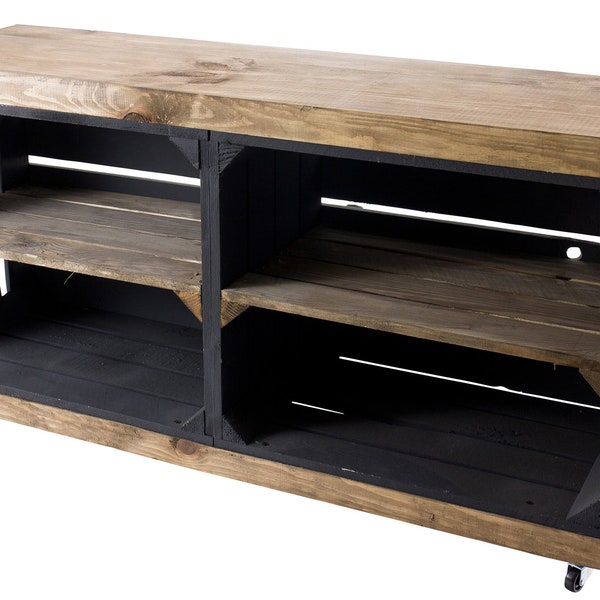 Sideboard schwarz auf Rollen | braune Deckplatte, aus Holz, 4 Fächer | 100x30x50 cm | moderner TV Schrank mit Schlitzen für Kabel