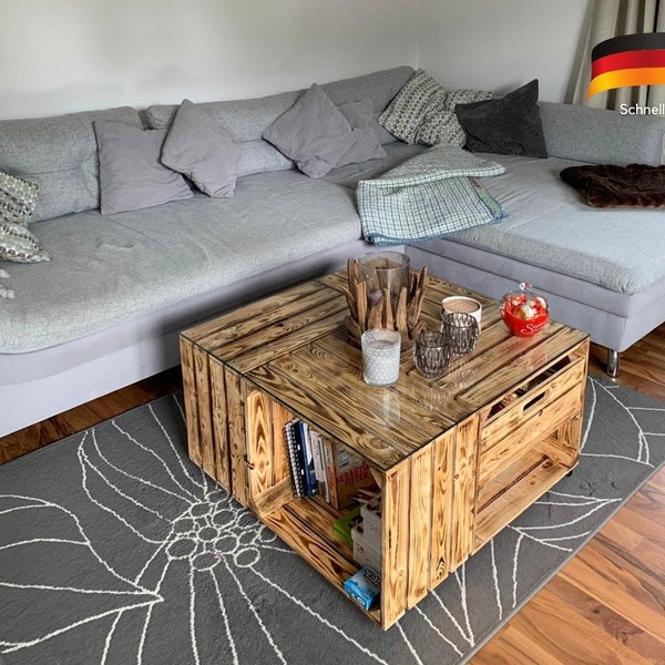 table enflammée avec tiroir, y compris plateau en verre et roulettes | 81x81x44 cm | Table basse en verre en bois avec beaucoup d’espace de rangement pour les contrôleurs