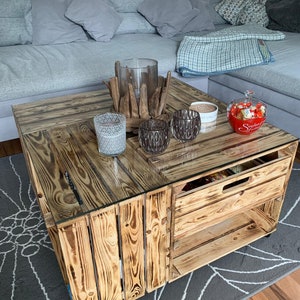 flamed table with drawer, including glass top and castors 81x81x44 cm Coffee table wood glass with plenty of storage space for controllers image 6