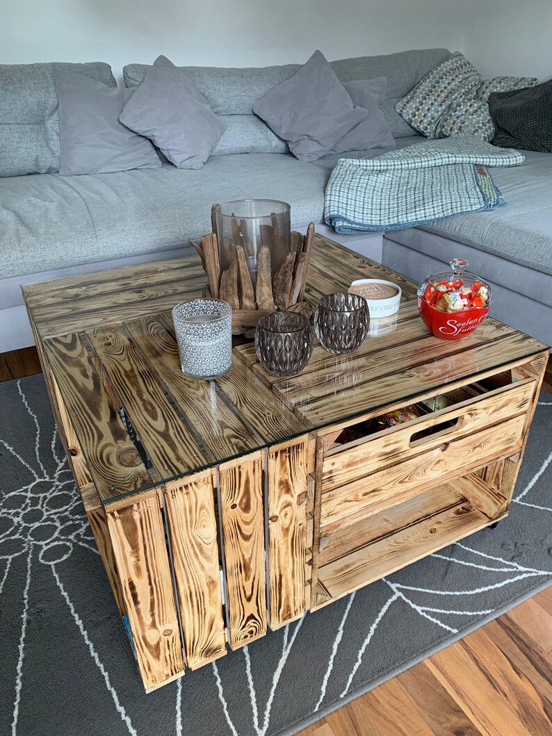 flamed table with drawer, including glass top and castors 81x81x44 cm Coffee table wood glass with plenty of storage space for controllers image 6