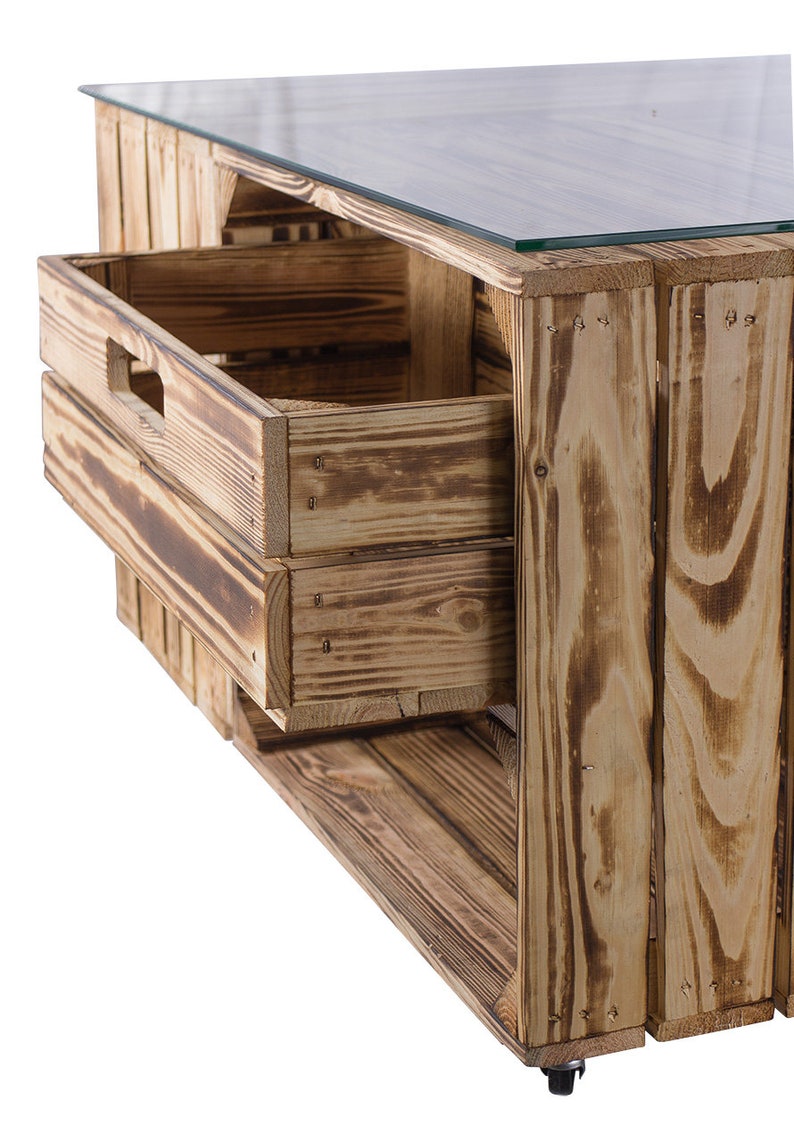 flamed table with drawer, including glass top and castors 81x81x44 cm Coffee table wood glass with plenty of storage space for controllers image 3