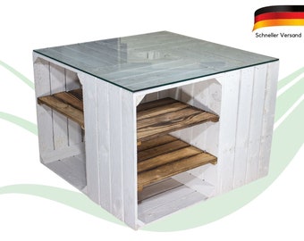 Table basse faite de boîtes blanches avec plateau en verre et rouleaux, boîtes à fruits, boîtes à vin, boîtes en bois meubles palettes DE bricolage 70x70x50cm